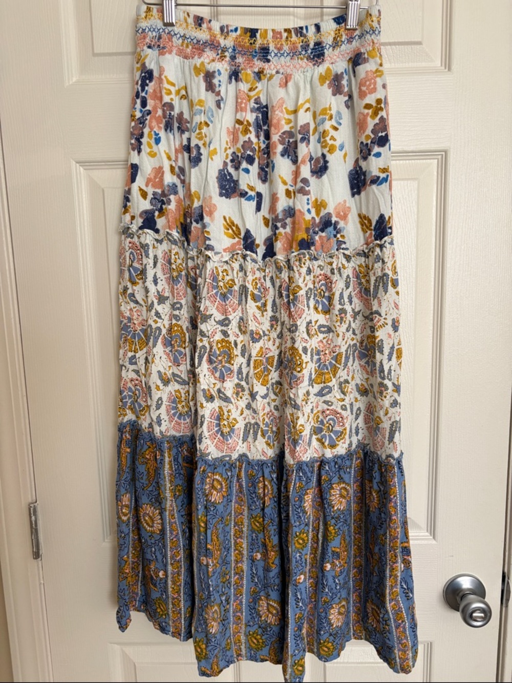 Flint and Moss Boho Tiered Maxi Skirt in White Multi Brushstroke Floral